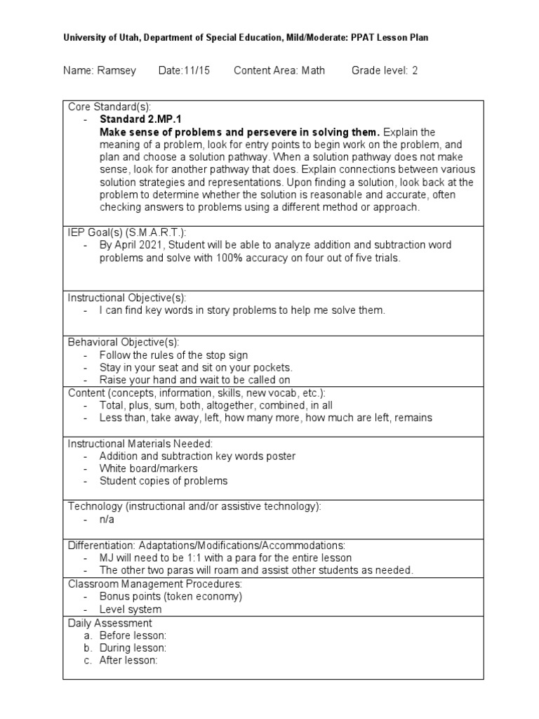 PPAT Lesson Plan for 2nd Grade Math | PDF | Lesson Plan | Classroom ...