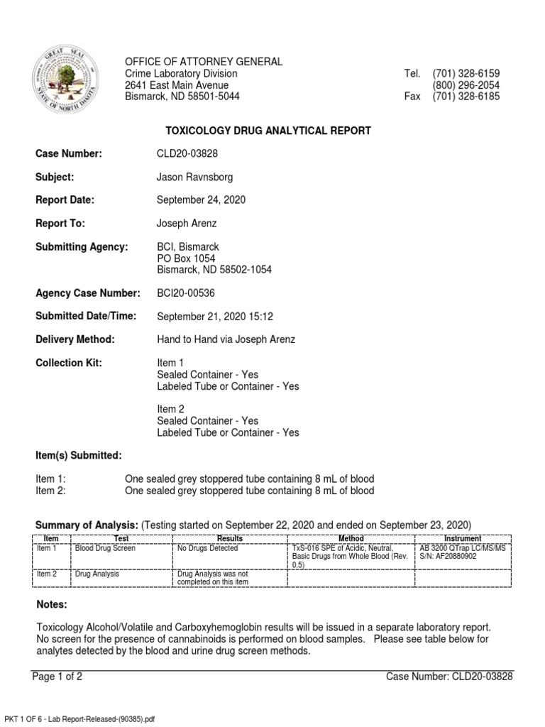 Ravnsborg Investigation - Toxicology Report 2 | PDF | Drug Test ...