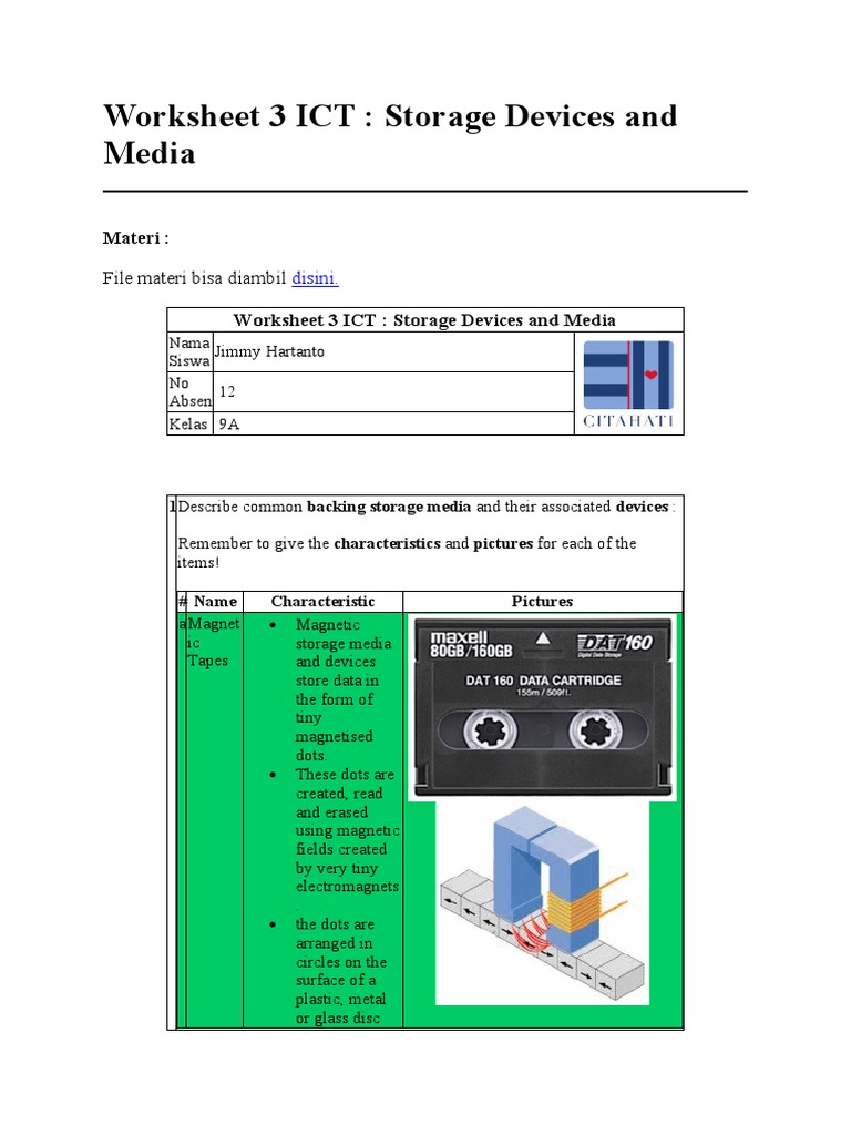 Worksheet 3 ICT: Storage Devices and Media: Materi | PDF | Dvd ...