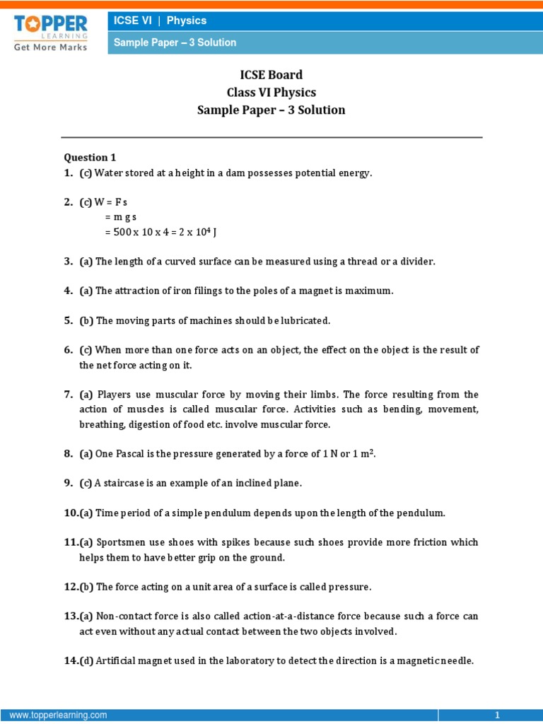 ICSE Class 6 Physics Sample Paper Solutions | PDF | Force | Thermometer