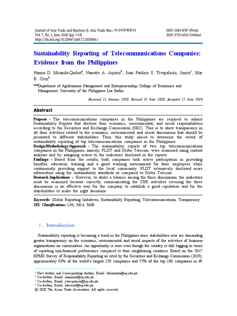 Sustainability Reporting Of Telecommunications Companies Evidence From