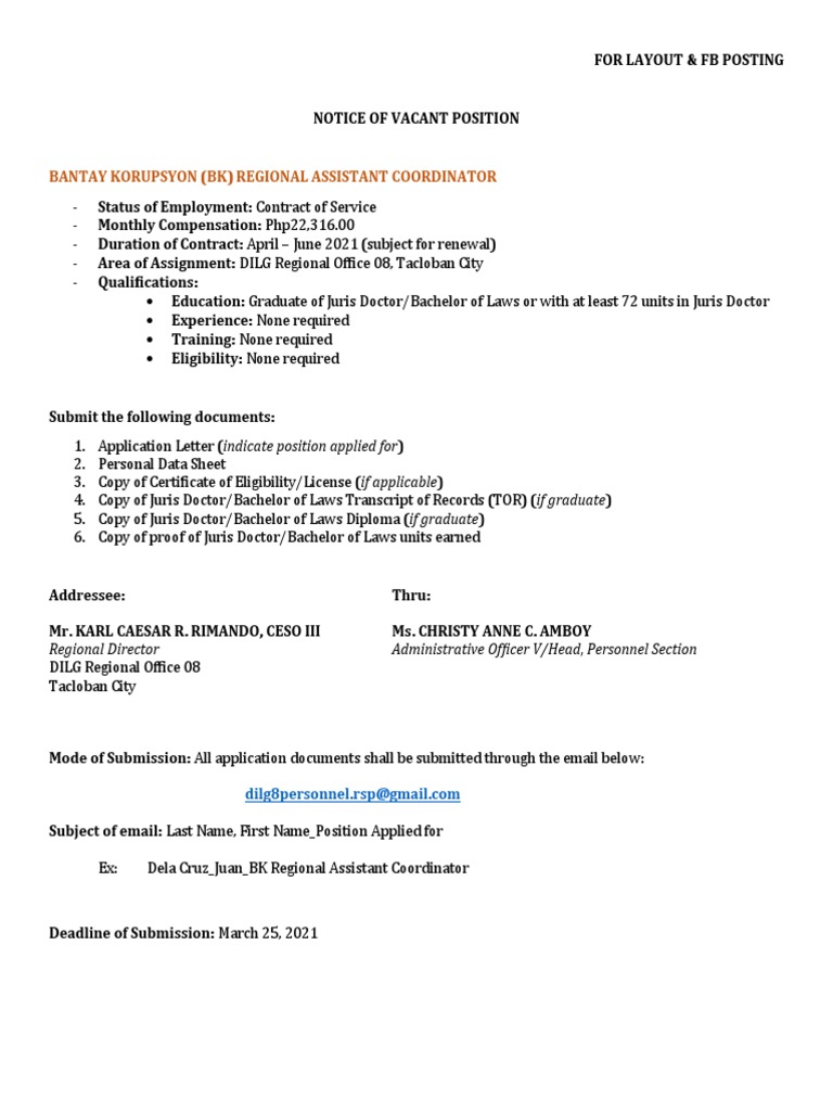 Request For Layout and Posting - Legal Assistant &amp; Regional 