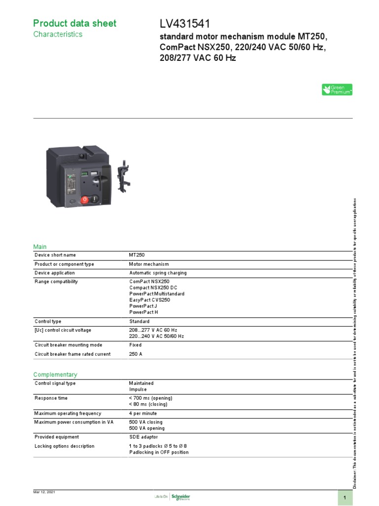 Product Data Sheet: Standard Motor Mechanism Module Mt250, Compact ...