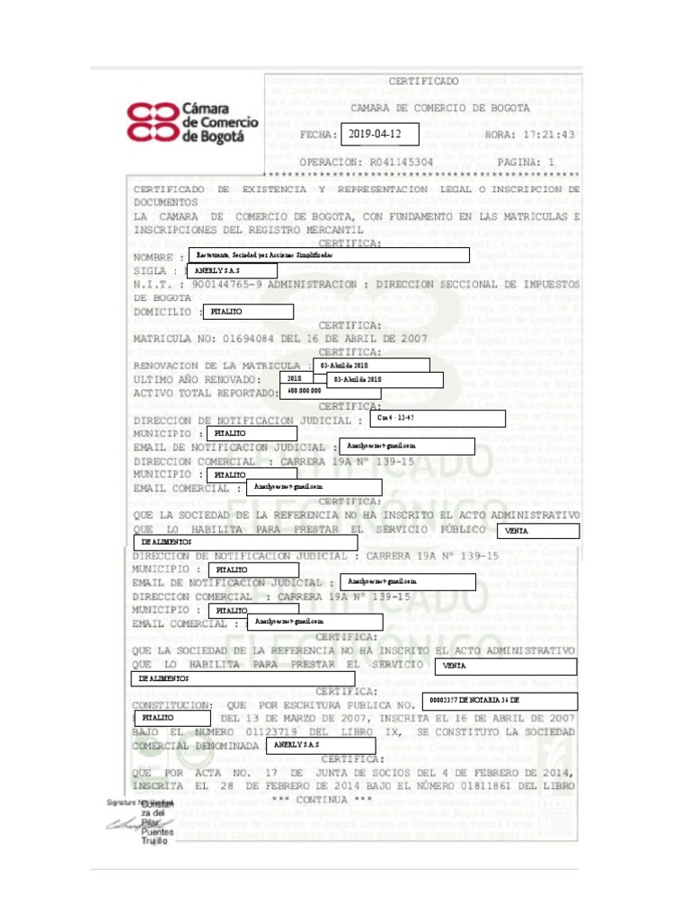 Certificado de Camara y Comercio | PDF