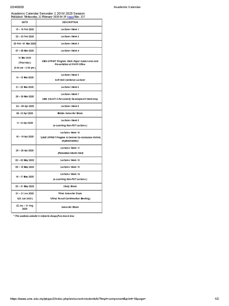 UMS Academic Calendar Semester 2 2019/2020 PDF Academic Term Academia