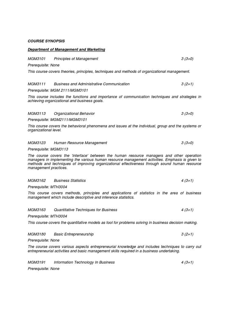 Course Synopsis Department of Management and Marketing | PDF ...