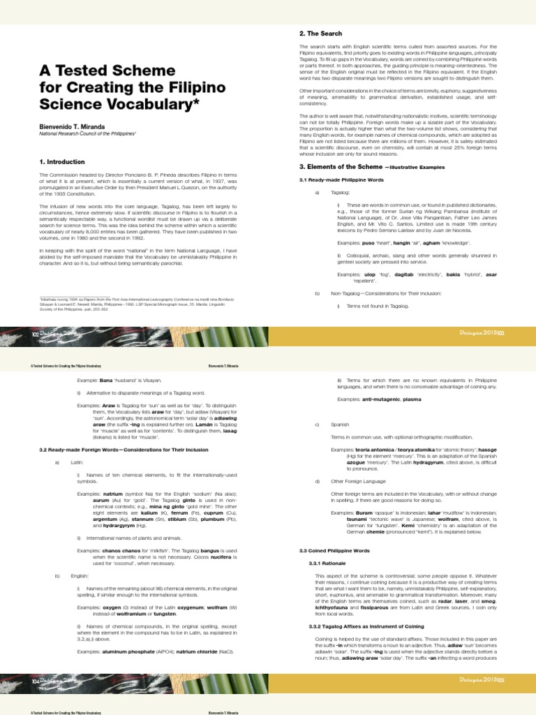 Filipino Science Vocabulary Scheme | PDF | Tagalog Language | Linguistics