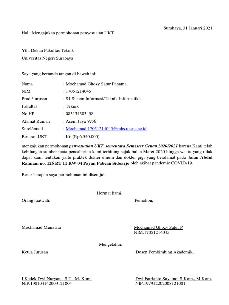 Surat Permohonan Penyesuaian UKT  PDF