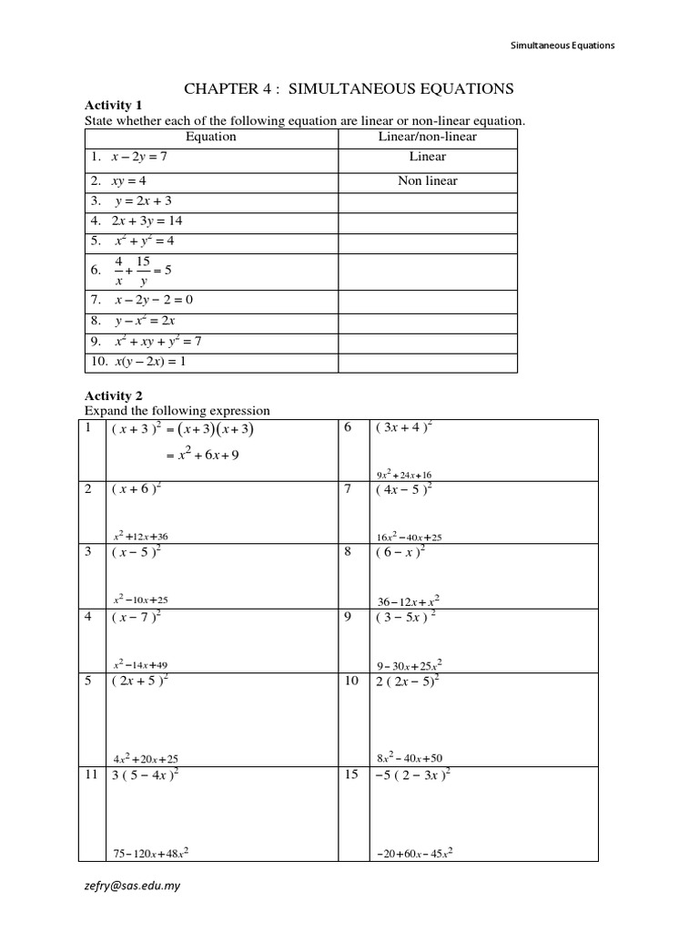 Chapter 4 Simultaneous Equations Activity 1 Pdf Equations Analysis