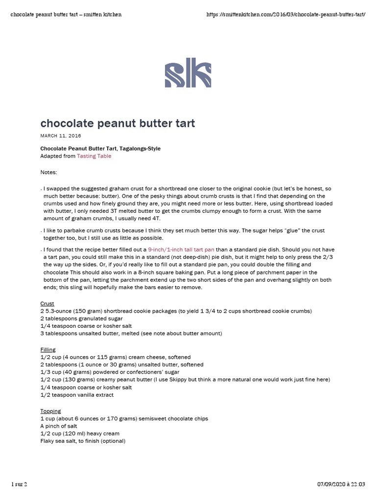 Chocolate Peanut Butter Tart Smitten Kitchen PDF Butter Teaspoon