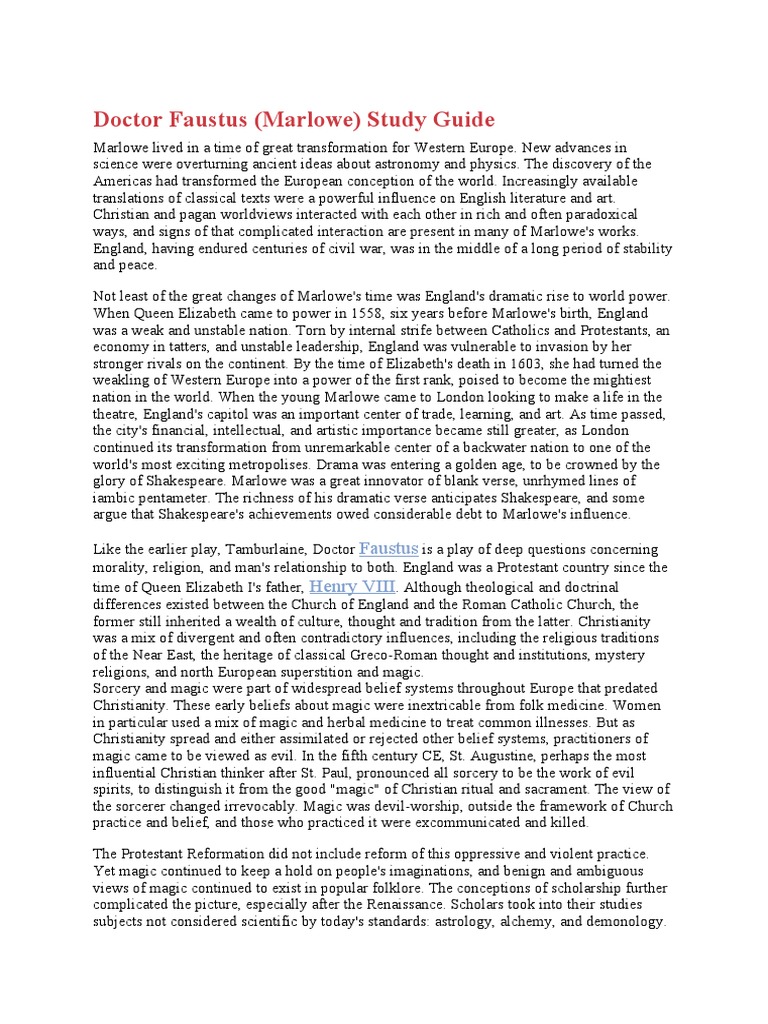 A Summary of Marlowe's Doctor Faustus and the Historical Context