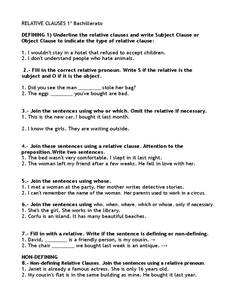 Relative Clauses Exercises for Students | PDF