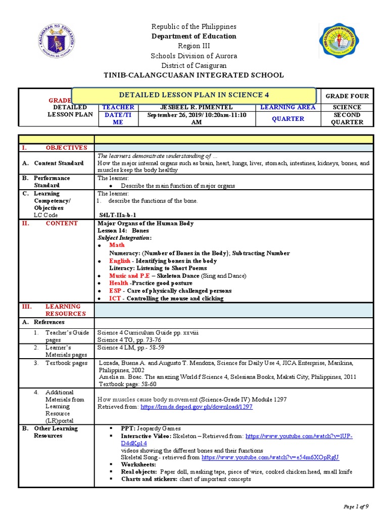 Grade 4 Skeletal System Lesson Plan | PDF | Rubric (Academic ...
