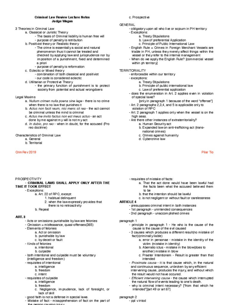 Criminal Law Review Lecture Notes Judge Wagan: Crimrev 2019 Pilar Tio ...