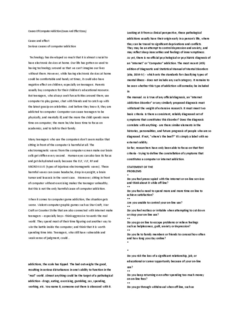 Causes of Computer Addiction (Cause and Effect Essay) Statement of