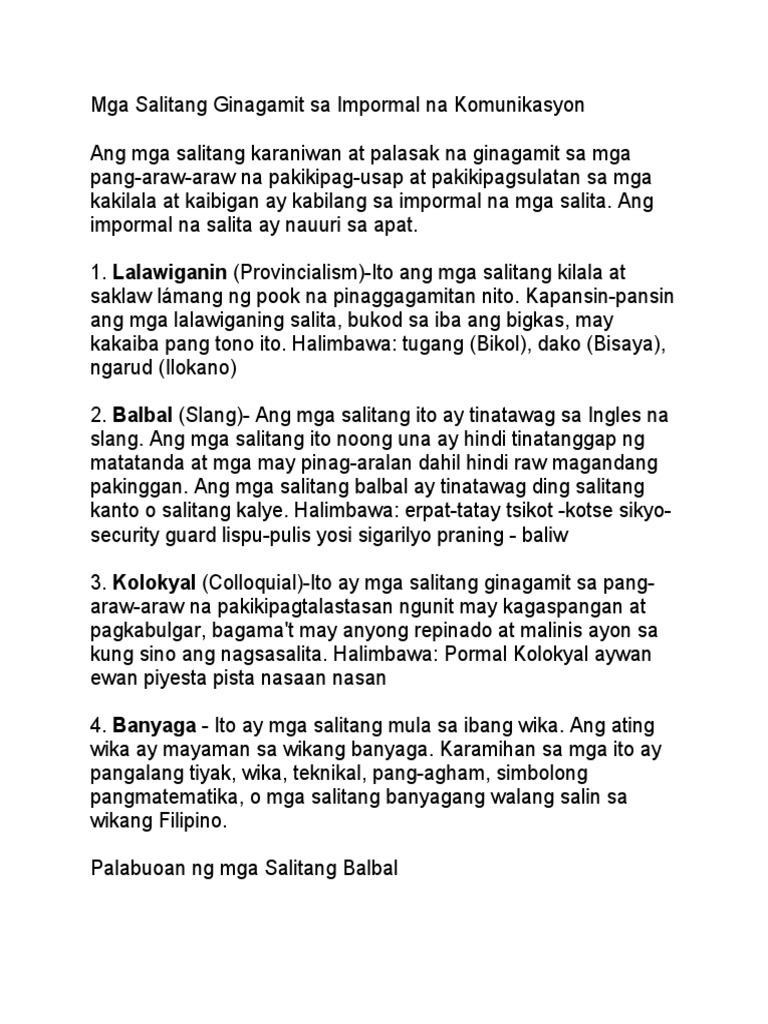 Mga Salitang Ginagamit Sa Impormal Na Komunikasyon G8 | PDF
