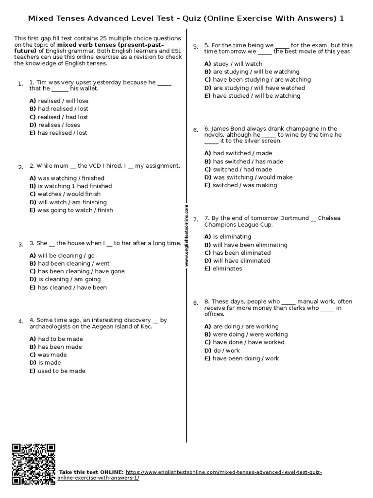 Advanced Mixed Tenses Quiz with Answers | PDF