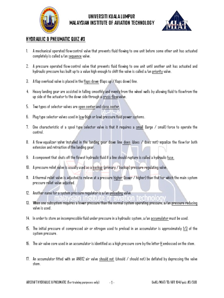 (Hydraulic & Pneumatic) Quiz 3 PDF Valve Actuator