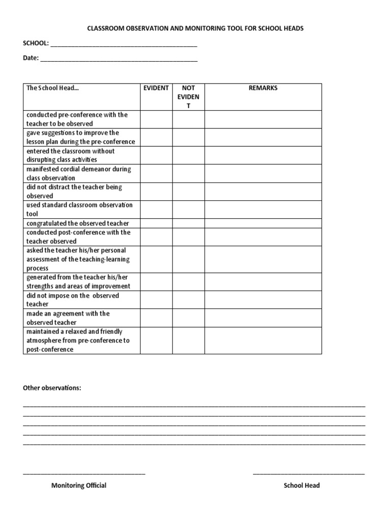 Classroom Observation Tool for School Heads | PDF