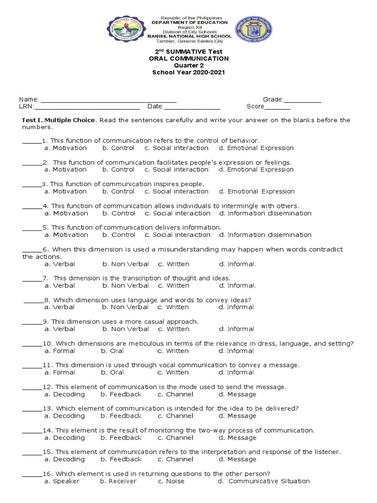 2 Summative Test Oral Communication Quarter 2 School Year 20202021 Download Free PDF