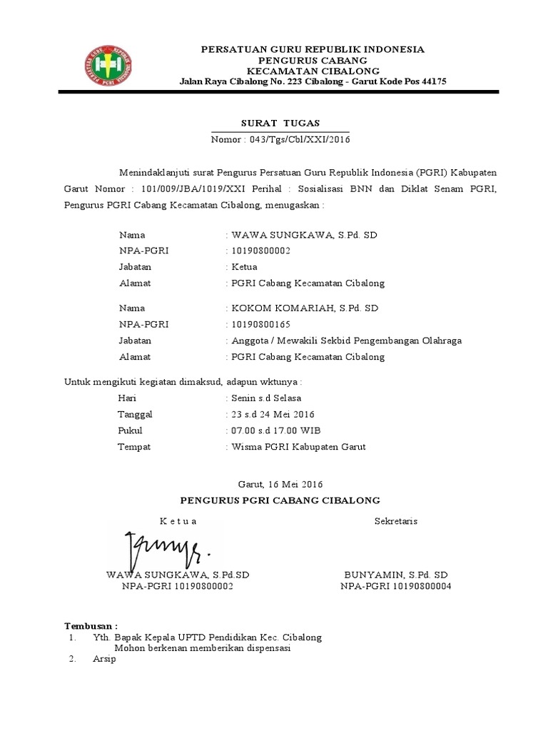 Surat Tugas Sosialisasi Bnn Dan Diklat Senam Pgri Mei 2016