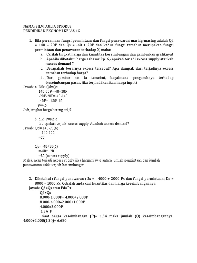 Bila Persamaan Fungsi Permintaan Dan Fungsi Penawaran Masing | PDF