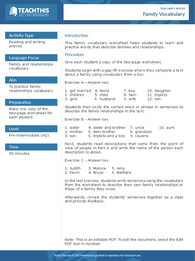 Family Vocabulary Worksheet | PDF | English As A Second Or Foreign ...
