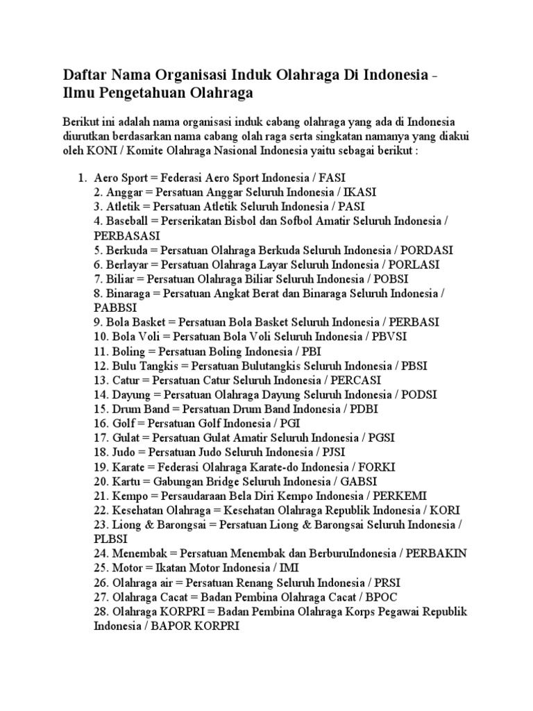 Daftar Nama Organisasi Induk Olahraga Di Indonesia
