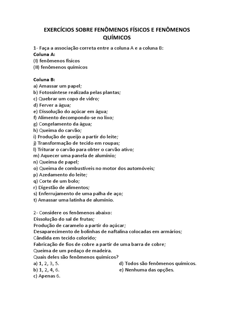 Exercícios Sobre Fenômenos Físicos e Fenômenos Químicos | PDF
