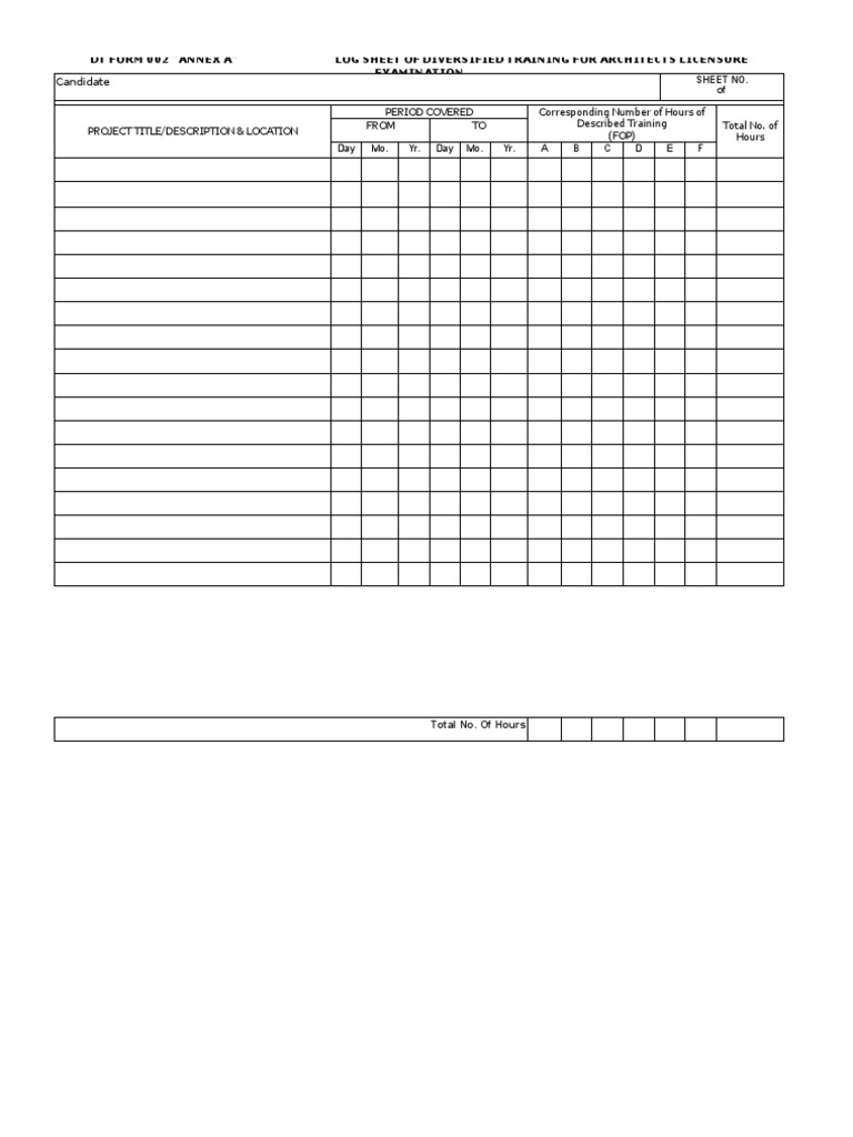 DT Form 002 "Annex A" Log Sheet of Diversified Training For Architects ...