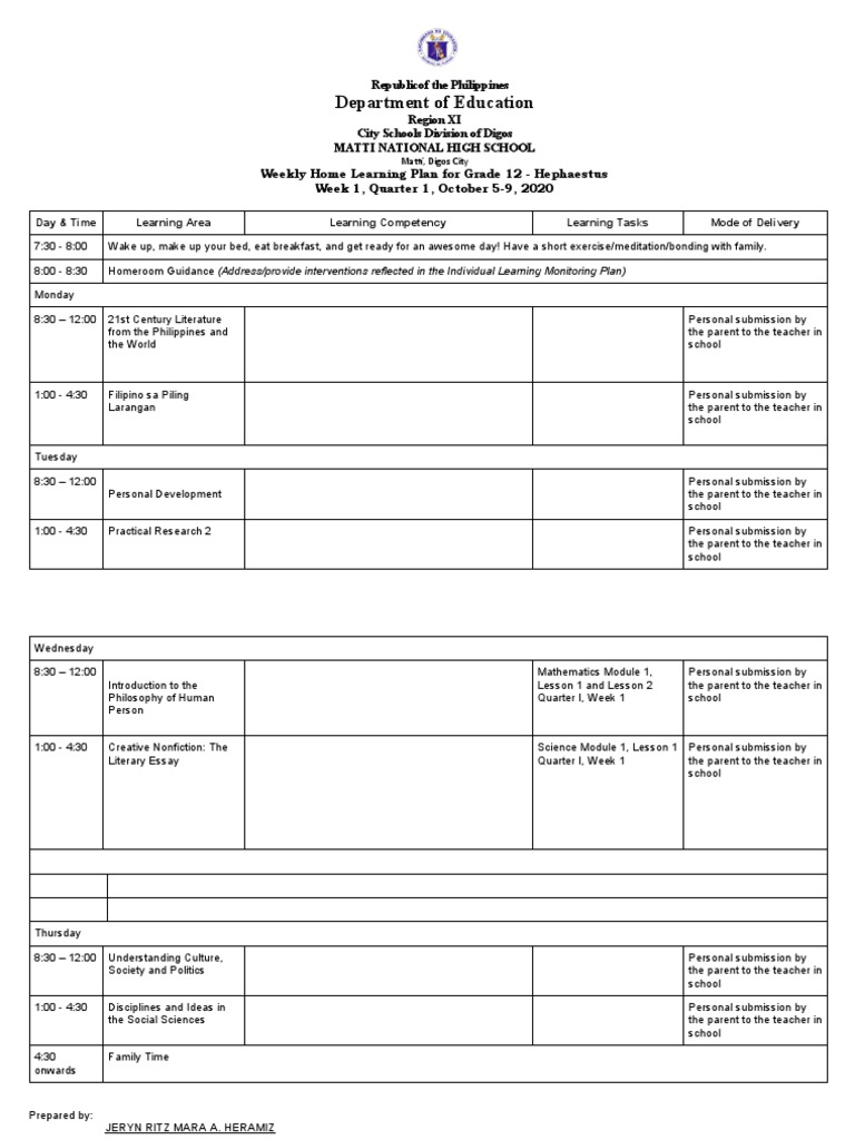 Hephaestus Weekly Home Learning Plan Quarter 1 | PDF | Teaching | Teachers