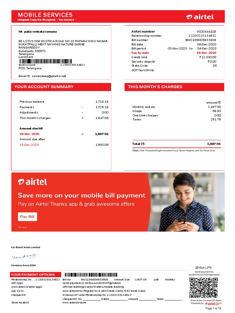 Airtel Mobile Services Invoice Summary | PDF | Roaming | Payments