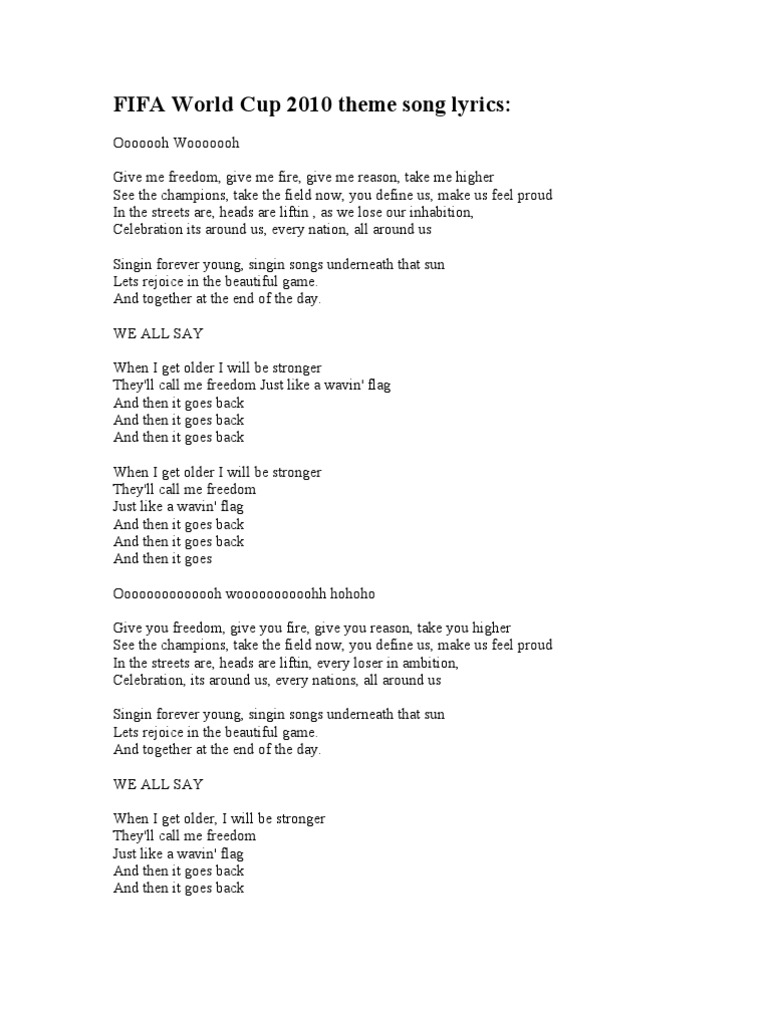 FIFA World Cup 2010 Theme Song Lyrics | PDF | Number One Singles.