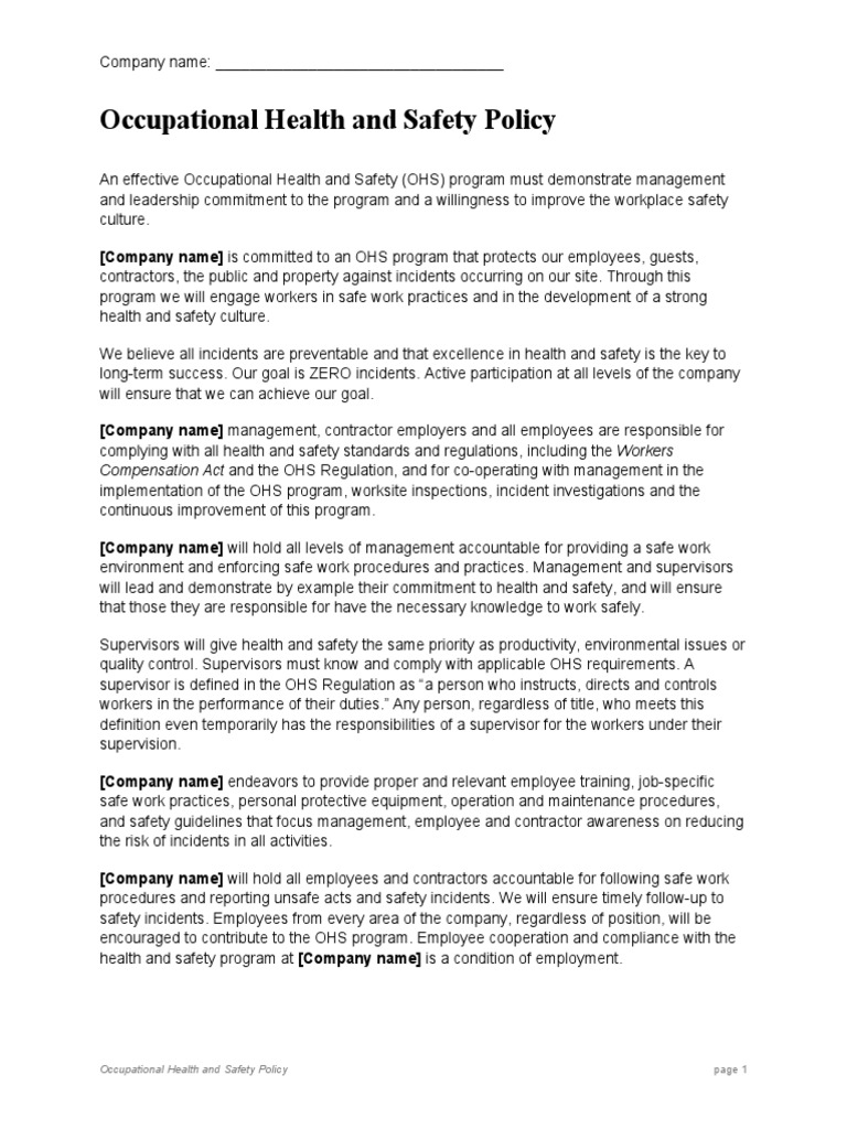 Occupational Health And Safety Policy Pdf Occupational Safety And