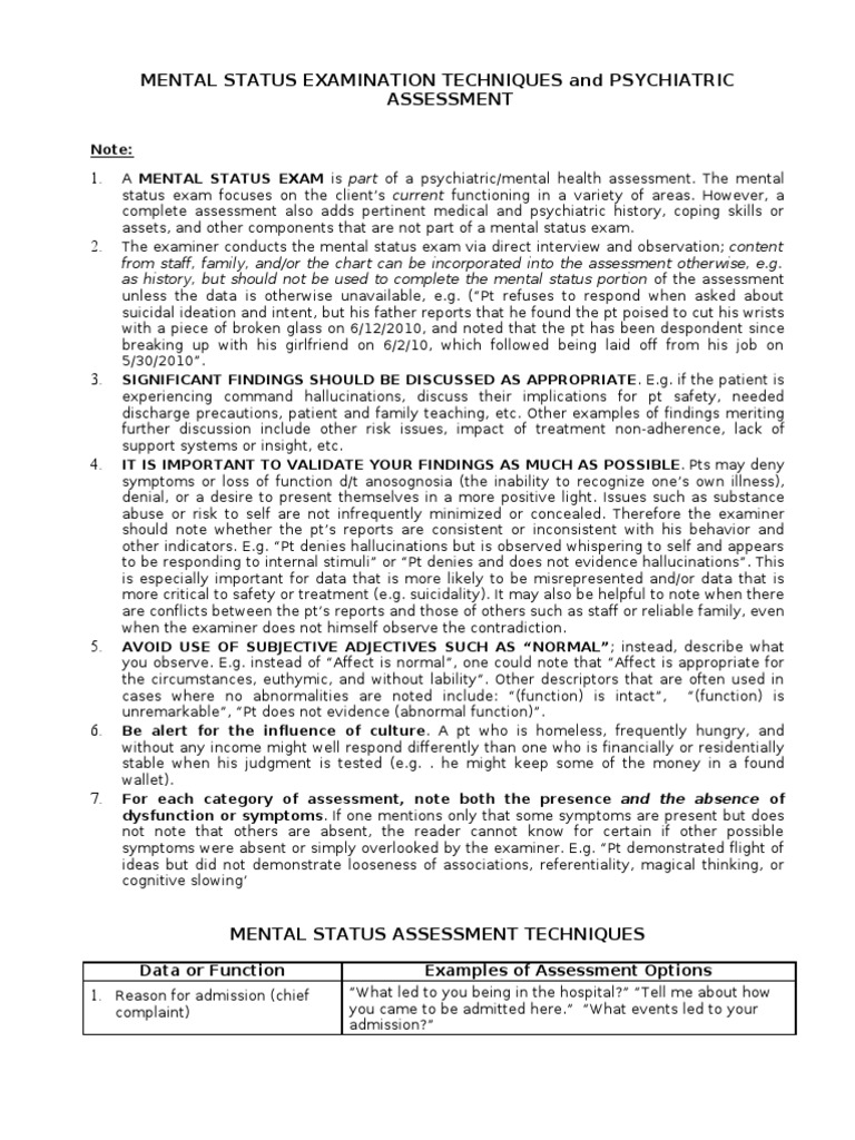 Mental Status Exam Techniques Guide | PDF | Hallucination | Substance Abuse