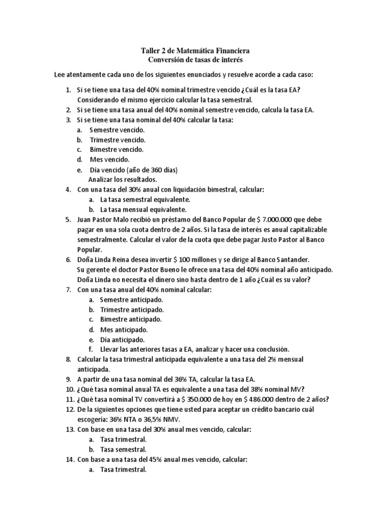Taller 2 de Matemática Financiera | PDF | Interés | Finanzas Matemáticas