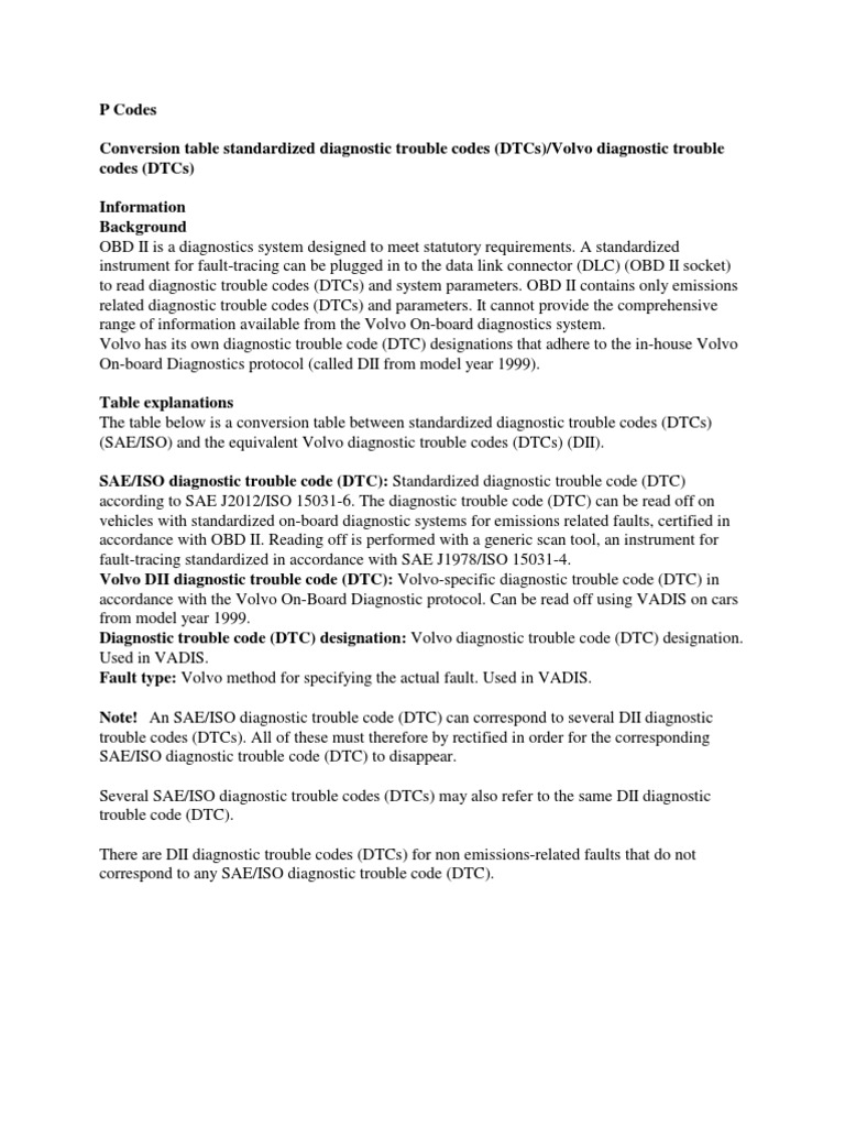 Volvo 850-S70 P - Codes - Conversion - Table - Standardized - Dtcs | PDF