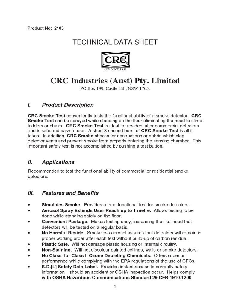 CRC Industries (Aust) Pty. Limited Technical Data Sheet PDF Safety