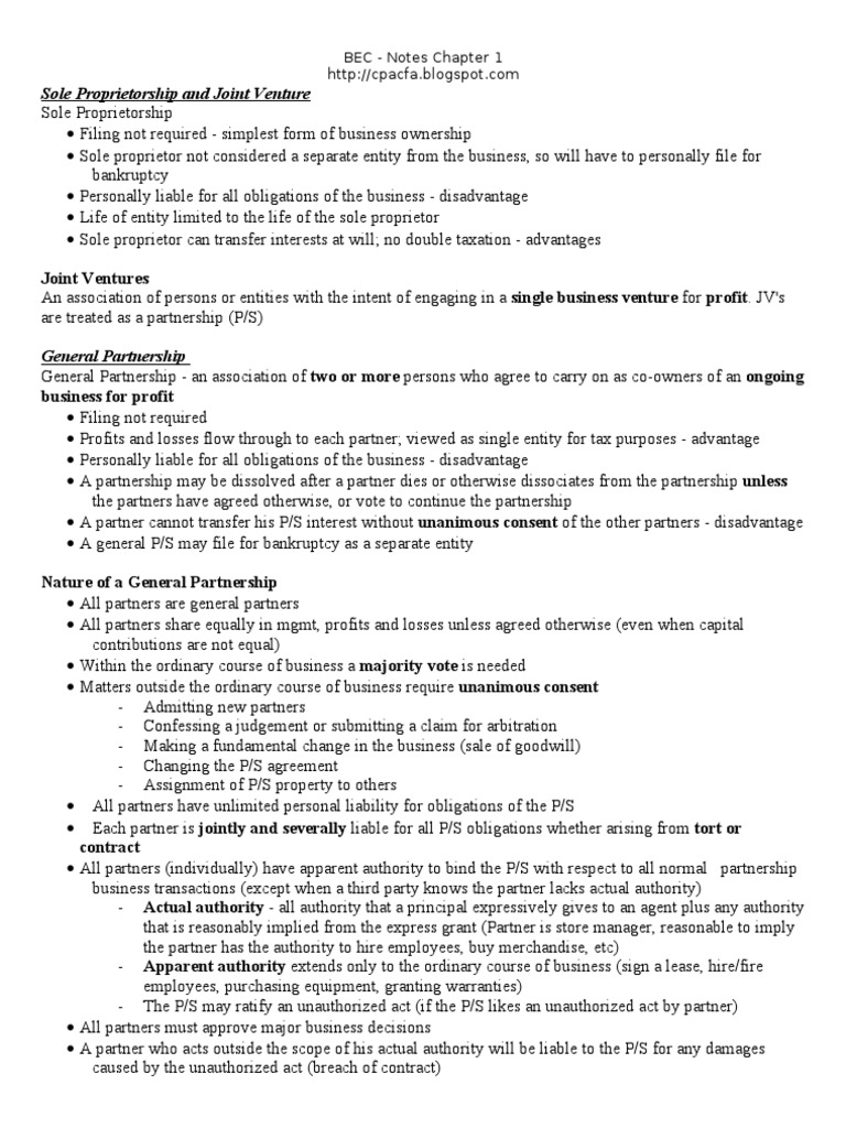 Sole Proprietorship and Joint Venture BEC Notes Chapter 1 PDF