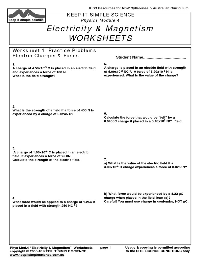 PHYS Module 4 Worksheets PDF Electric Charge Electrical