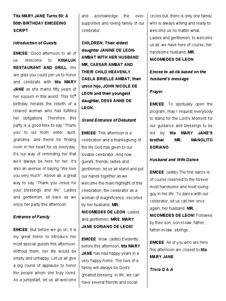 50th Birthday Emcee Script for Mary Jane | PDF