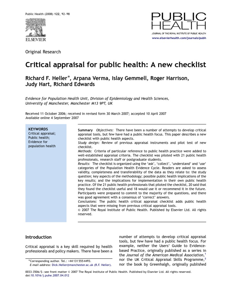 Critical Appraisal For Public Health: A New Checklist | PDF | Evidence ...