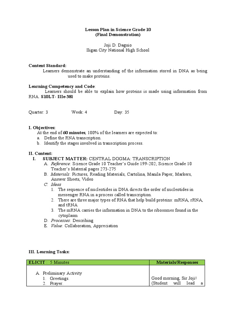 Transcription in Protein Synthesis: Grade 10 Lesson Plan | PDF | Rna ...