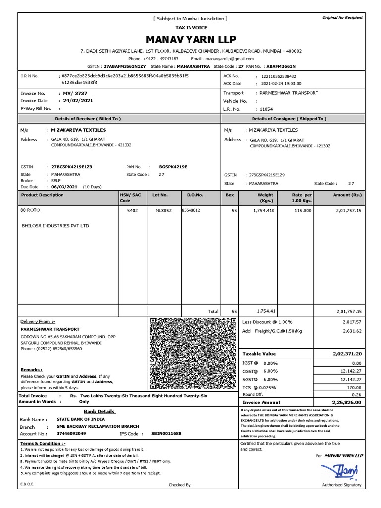 Roto Yarn Tax Invoice Details | PDF | Payments | Cheque
