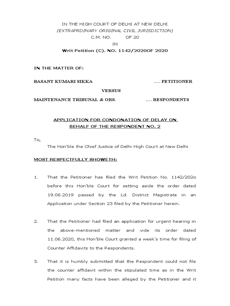 Application For Condonation of Delay PDF Affidavit Writ
