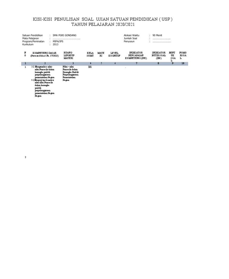 Contoh Format Kisi-Kisi Usp | PDF