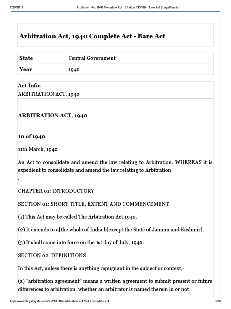 Arbitration Act 1940: Complete Overview | PDF | Arbitration | Arbitral ...