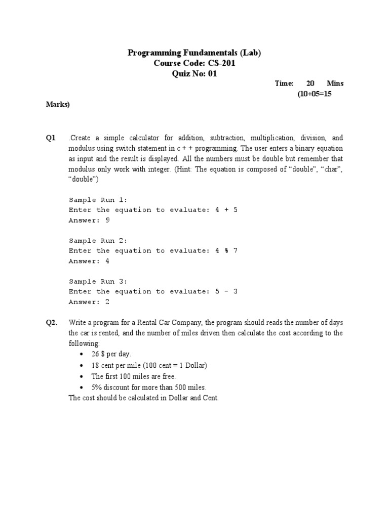 Programming Fundamentals (Lab) Quiz 01 | PDF