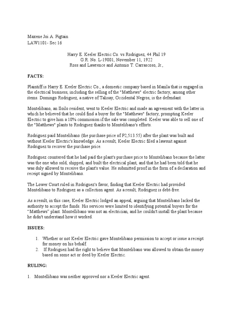 Case Digest Harry E. Keeler Electric Co. Vs Rodriguez, 44 Phil 19 PDF