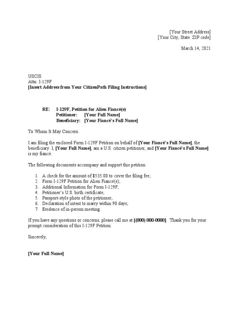 I 129F Cover Letter Sample Fiance PDF